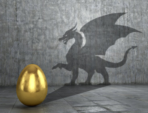 The concept of the hidden potencial. A golden egg that throws down the shadow of a dragon. 3D illustration