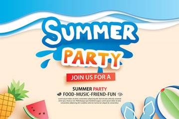 Summer beach party with paper cut symbol and icon for invitation background. Art and craft style. Use for ads, banner, poster, card, cover, stickers, badges, illustration design.
