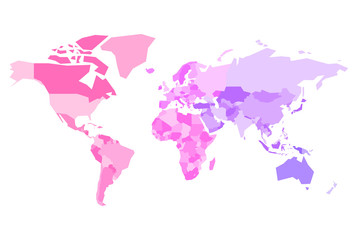 Multicolored map of World. Simplified political map with national borders of countires. Colorful vector illustration in pink-violet spectrum colors.