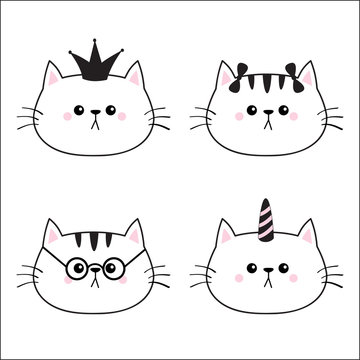 Linear cat head face silhouette icon set. Crown, unicorn horn, glasses, sunglasses, bow. Contour line. Cute cartoon kitty character. Kawaii animal. Funny baby kitten. Flat design. White background
