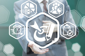 Businessman offers a icon target with pencil on a virtual panel. Goal development creative learning...
