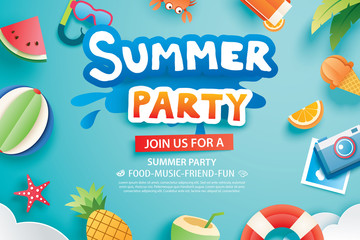 Summer party with paper cut symbol and icon for invitation background. Art and craft style. Use for ads, banner, poster, card, cover, stickers, badges, illustration design.