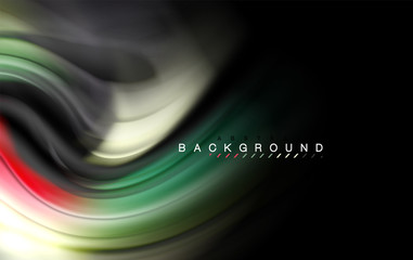 Fluid liquid colors design, colorful marble or plastic wavy texture background, glowing multicolored elements on black, for business or technology presentation or web brochure cover design, wallpaper