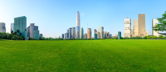 Fototapeta na wymiar Green grass and modern city skyline scenery in Shenzhen