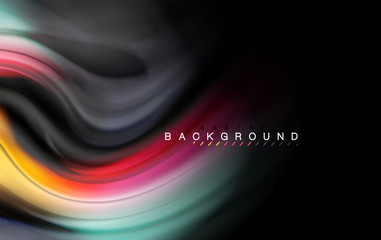 Fluid liquid colors design, colorful marble or plastic wavy texture background, glowing multicolored elements on black, for business or technology presentation or web brochure cover design, wallpaper