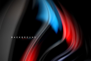 Fluid liquid colors design, colorful marble or plastic wavy texture background, glowing multicolored elements on black, for business or technology presentation or web brochure cover design, wallpaper