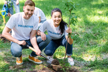couple of smiling volunteers planting new tree in park
