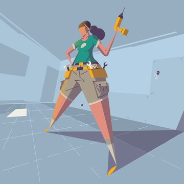 female holding a drill in her hand illustration