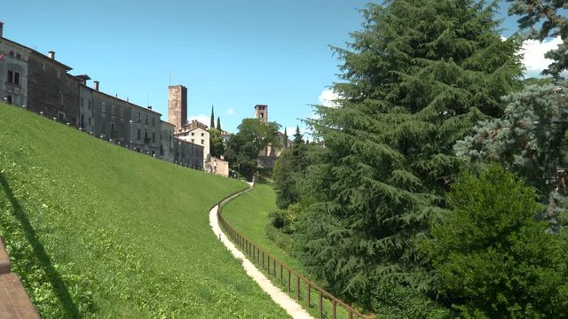 View from the Gerhard Ott staircase with two people that going up to Bassano del Grappa, Italy.