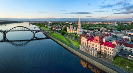 Deurstickers Aerial cityscape of Rybinsk: Volga river embankment, cathedral and bridge © bbsferrari