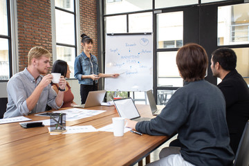 Business people have meeting together at office. Woman present the project with happy emotion. People working together with casual style at modern office.