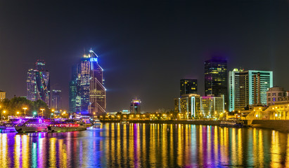 View of the Moscow International Business Centre above the Moskva River in the night