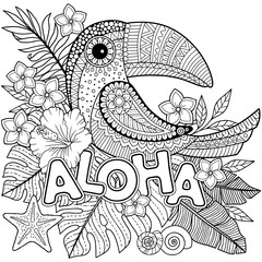 Coloring book for adults. Toucan among tropical leaves and flowers.