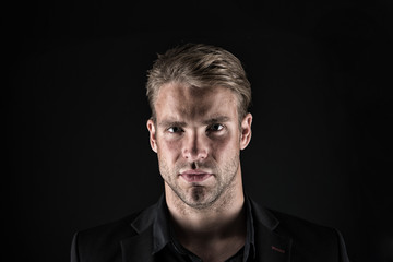 Macho. Face of plenary leadership in business. Man with bristle on unshaven face. Handsome businessman in formal wear. Taking life seriously. Confidence and charisma, vintage filter