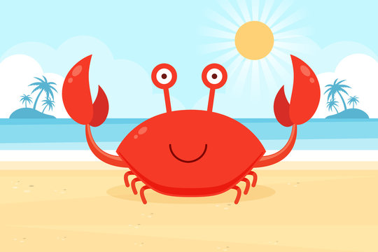 Cute Crab on a Beach. Flat Design Style. 