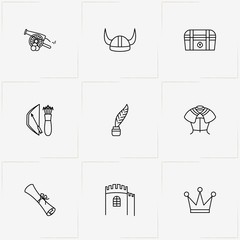Middle Ages line icon set with cannon , fortress and crown