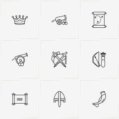 Middle Ages line icon set with drinking horn , scroll  and crown