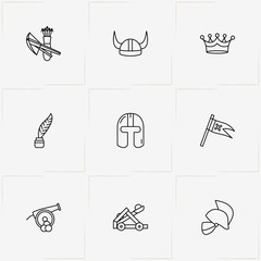 Middle Ages line icon set with bow and arrows, crown  and cannon