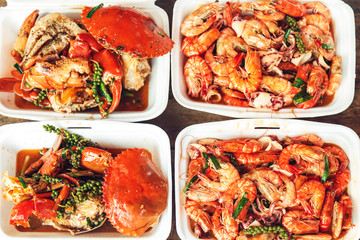 Freshly prepared crabs, squid and shrimp.