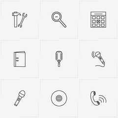 Mobile Interface line icon set with zoom out , tools and calendar