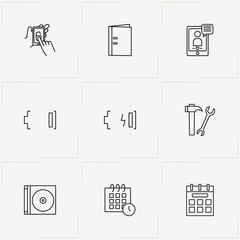 Mobile Interface line icon set with tools, mobile unlock and battery low