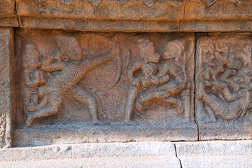 Panel showing Rama killing Bali, base of North mandapa, Airavatesvara Temple complex, Darasuram, Tamil Nadu