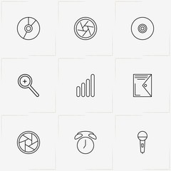 Mobile Interface line icon set with wireless network symbol , zoom in and photo camera lens