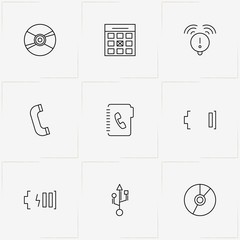 Mobile Interface line icon set with battery charging , phone and computer port symbol
