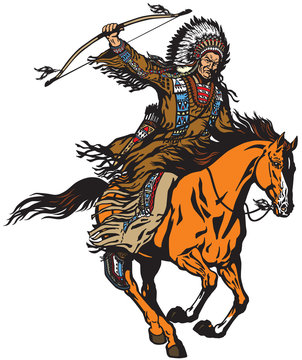 Native Indian Chief Wearing A Feather War Bonnet And Riding A Mustang Pony Horse In The Gallop. Nomadic Horseman Archer Warrior Or Hunter Sitting On A Horseback And Holding A Bow . Isolated Vector