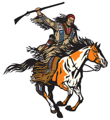 American native Indian man holding a rifle and riding a pinto colored pony horse in the gallop . Nomadic horseman warrior or hunter on a mustang in the gallop . Isolated vector illustration