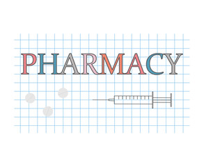 Pharmacy word on checkered paper sheet- vector illustration