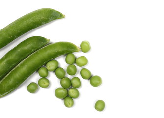 Fresh green peas with pods isolated on white background, top view