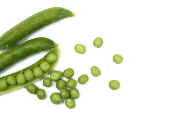 Fresh green peas with pods isolated on white background, top view