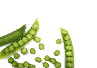Fresh green peas with pods isolated on white background, top view