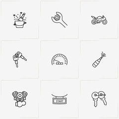 Moto Sport line icon set with champagne , engine cylinders and motor bike
