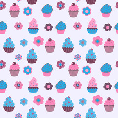 Cute decorative seamless pattern with sweet cupcakes and flowers