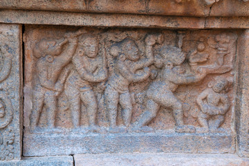 Panel showing scene of jugglery, base of North mandapa, Airavatesvara Temple complex, Darasuram, Tamil Nadu