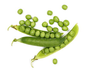 Fresh green peas with pods isolated on white background, top view