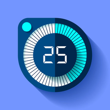 Stopwatch icon in flat style, round timer on color background. Sport clock. 25 seconds. Vector design element for you business project