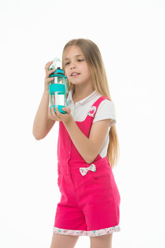 Girl hold water bottle isolated on white. Little child with plastic bottle. Only clean and fresh water. Thirst and health. Childhood. Stay hydrated and healthy. Drinking water for health