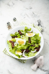 Lettuce salad with fried bacon, red onion and hard boiled egg