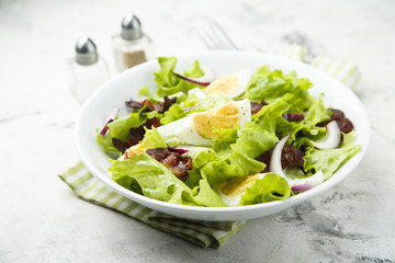 Lettuce salad with fried bacon, red onion and hard boiled egg
