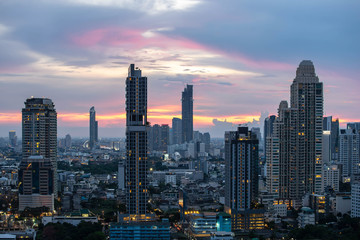 Bangkok City - Aerial view  beautiful sunset  Bangkok city downtown skyline of Thailand , cityscape at night  , landscape Bangkok Thailand