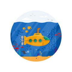 Obraz premium Yellow submarine with periscope underwater concept in circle. Marine life with fish, coral, seaweed, colorful blue ocean landscape. Bathyscaphe template - flat vector illustration