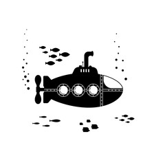 Black silhouette submarine with periscope underwater concept. Marine life with fish, bathyscaphe template - flat vector illustration