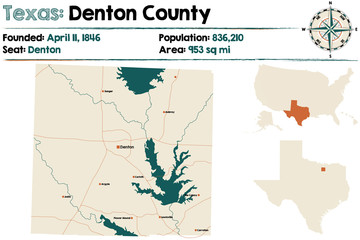 Detailed map of Denton county in Texas, USA.
