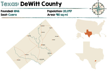 Detailed map of DeWitt county in Texas, USA.