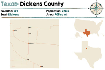 Detailed map of Dickens county in Texas, USA.
