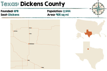 Naklejka premium Detailed map of Dickens county in Texas, USA.