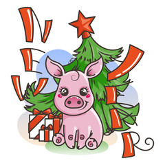 Obraz na płótnie Canvas Happy New 2019 Year card with cartoon baby pig. Small symbol of holiday.